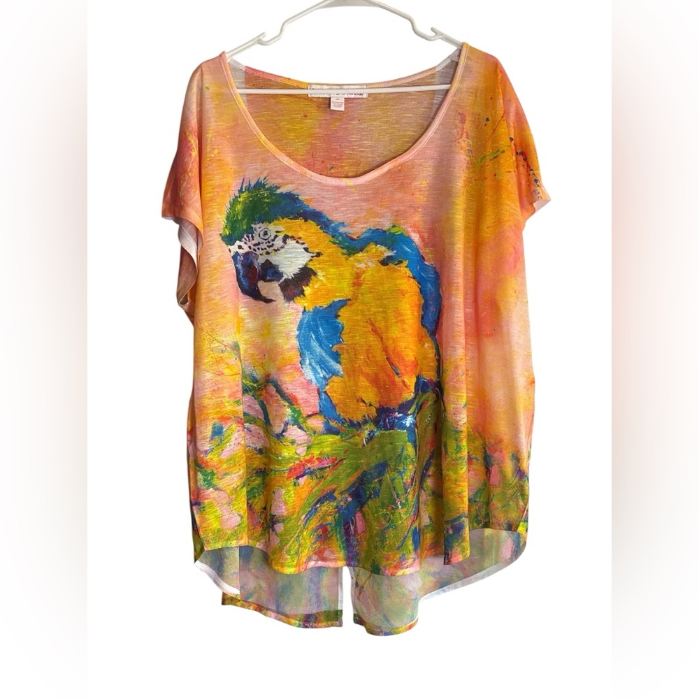 Leoma Lovegrove XXXL Parrot Art Short Sleeve Top Sheer Back Panel